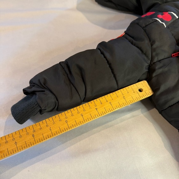Disney Winter Coat & Mickey Stuffy, Kids Black Red Hooded Puffer Backpack Sz 2T - Picture 13 of 16